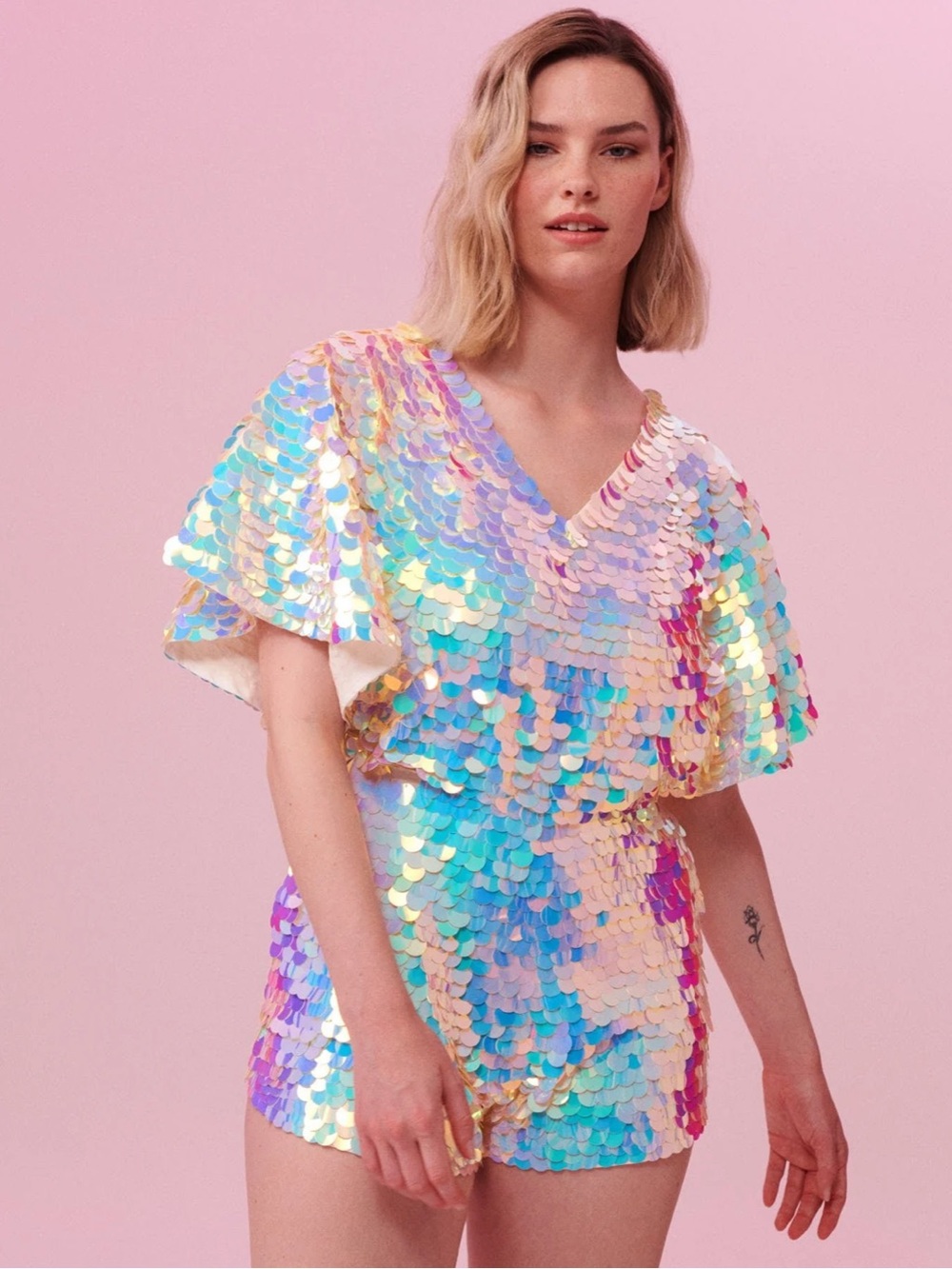 Rosa Bloom Mella Sequin Cape Playsuit in Opal